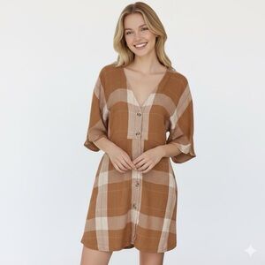 Amuse Society Orange Tan Plaid Flannel Mini Dress